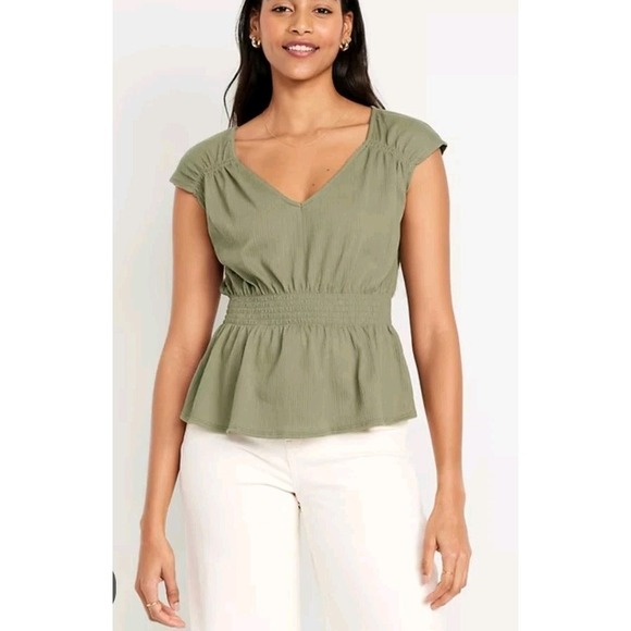 Old Navy Olive Green V Neck Cap Sleeve Smocked Waist Peplum Blouse Top - Picture 1 of 3
